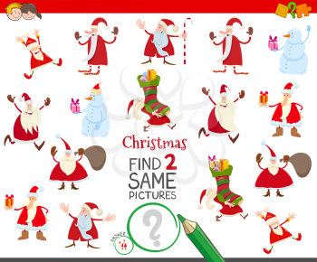 Cartoon Illustration of Finding Two Same Pictures Educational Activity Task for Children with Santa Claus Christmas Characters