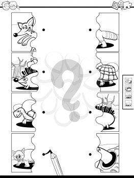 Black and White Cartoon Illustration of Educational Pictures Matching Game for Children with Jigsaw Puzzles of Funny Wild Animal Characters Worksheet