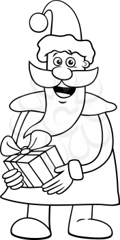 Black and White Cartoon Illustration of Funny Santa Claus Character on  Christmas Time with Present Coloring Book Page