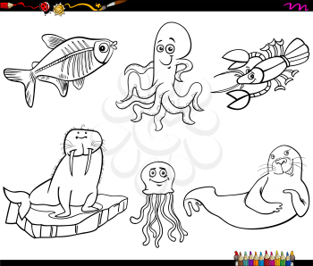 Black and White Cartoon Illustration of Funny Marine Animal Characters Set Coloring Book Page
