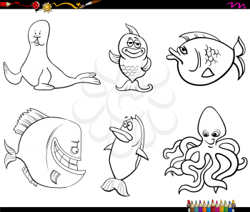 Black and White Cartoon Illustration of Funny Sea Life Marine Animal Characters Set Coloring Book Page