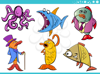 Cartoon Illustration of Sea Life or Marine Animal Funny Characters Set