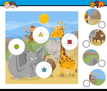 Cartoon Illustration of Educational Match the Elements Game for Children with Safari Animal Characters Group