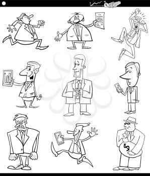 Black and White Cartoon Illustration of Funny Men or Businessmen Characters Set