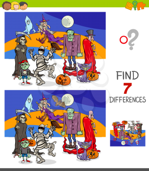 Cartoon Illustration of Finding Seven Differences Between Pictures Educational Game for Children with Funny Halloween Characters