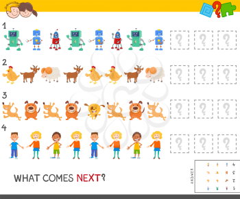 Cartoon Illustration of Completing the Pattern Educational Game for Kids with Funny Comic Characters
