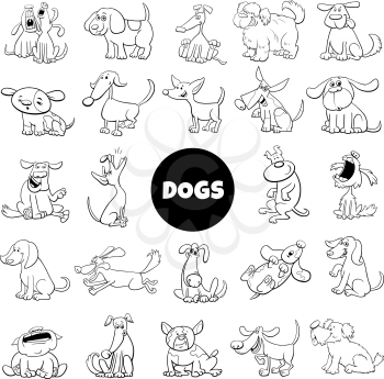 Black and White Cartoon Illustration of Dogs and Puppies Pet Animal Characters Large Set