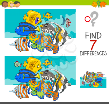 Cartoon Illustration of Finding Seven Differences Between Pictures Educational Activity Game for Kids with Fish Animal Characters Group