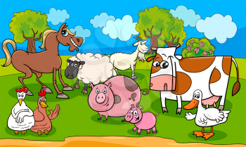 Cartoon Illustration of Country Scene with Farm Animal Characters Group