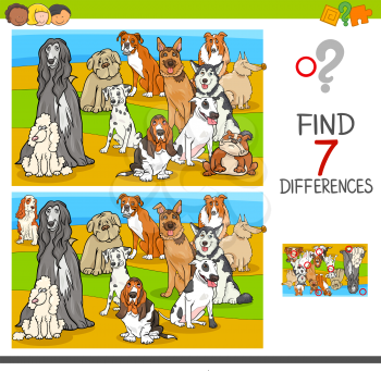Cartoon Illustration of Finding Seven Differences Between Pictures Educational Activity Game for Children with Pedigree Dogs Animals Characters Group