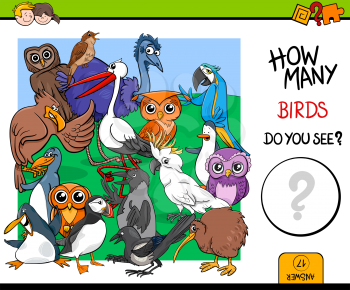 Cartoon Illustration of Educational Counting Activity Game for Children with Bird Characters