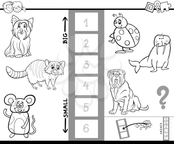 Black and White Cartoon Illustration of Educational Game of Finding the Biggest and the Smallest Animal Species Characters Coloring Book