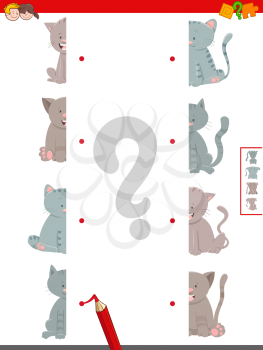 Cartoon Illustration of Educational Game of Matching Halves of Cats Animal Characters