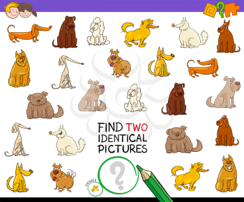 Cartoon Illustration of Finding Two Identical Pictures Educational Activity Game for Children with Dog or Puppy Characters