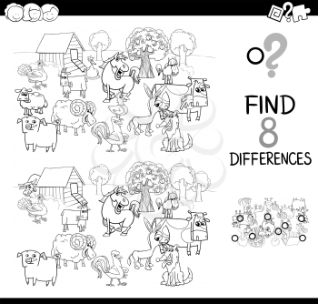 Black and White Cartoon Illustration of Finding Differences Between Pictures Educational Activity Game for Children with Comic Farm Animal Characters Group Coloring Book