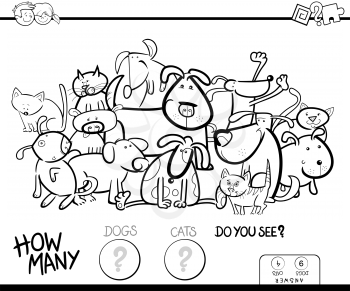 Black and White Cartoon Illustration of Educational Counting Game for Children with Cats and Dogs Animal Comic Characters Group Coloring Book