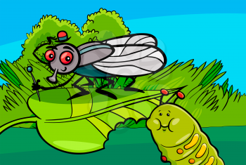 Cartoon Illustration of Funny Fly and Caterpillar Insect Characters