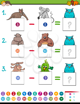 Cartoon Illustration of Educational Mathematical Subtraction Puzzle Game for Children with Animal Characters