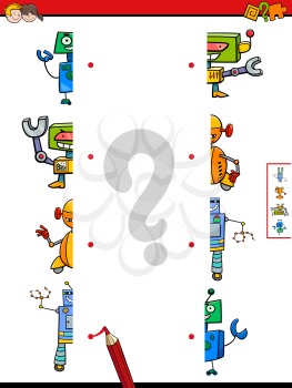 Cartoon Illustration of Educational Game of Matching Halves of Robot Fantasy Characters