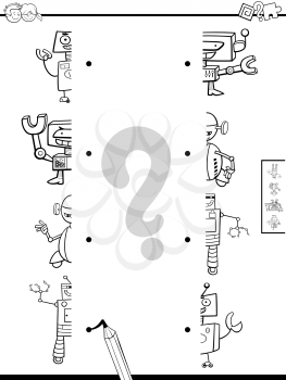 Black and White Cartoon Illustration of Educational Game of Matching Halves of Robot Fantasy Characters Coloring Book