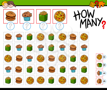 Cartoon Illustration of Educational How Many Counting Game for Children with Food Objects