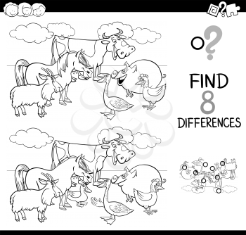 Black and White Cartoon Illustration of Finding Differences Between Pictures Educational Activity Game for Kids with Funny Farm Animal Characters Group Coloring Book