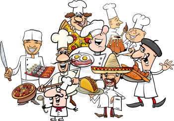 Cartoon Illustration of Funny International Cuisine Chefs Group with Food Dishes