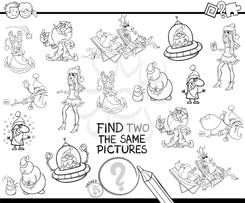 Black and White Cartoon Illustration of Finding Two Identical Pictures Educational Activity Game for Children with Funny Christmas Holiday Characters Coloring Book