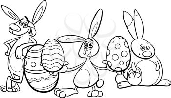 Black and White Cartoon Illustration of Funny Easter Bunnies Characters with Colored Eggs Coloring Book
