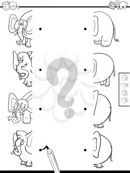 Black and White Cartoon Illustration of Educational Game of Matching Halves of Elephants Animal Characters Coloring Book