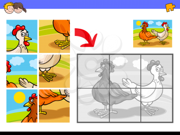 Cartoon Illustration of Educational Jigsaw Puzzle Activity Game for Children with Two Hens or Chickens Farm Animal Characters