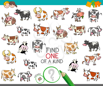 Cartoon Illustration of Find One of a Kind Picture Educational Activity Game for Children with Cow Characters