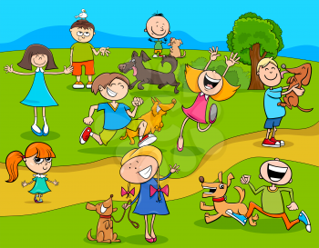 Cartoon Illustration of Kids with Dogs Characters Group in the Park