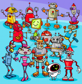 Cartoon Illustration of Funny Robots Fantasy Characters Big Group