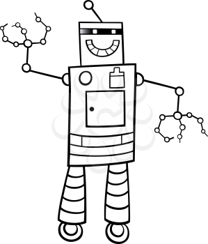 Black and White Cartoon Illustration of Funny Robot Science Fiction Comic Character Coloring Book