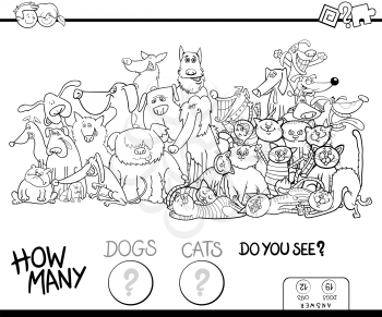 Black and White Cartoon Illustration of Educational Counting Game for Children with Dogs and Cats Animal Characters Group Coloring Book