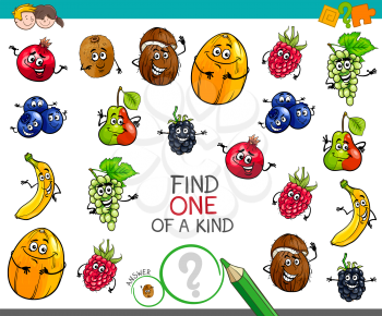 Cartoon Illustration of Find One of a Kind Educational Activity Game for Children with Fruits Comic Characters