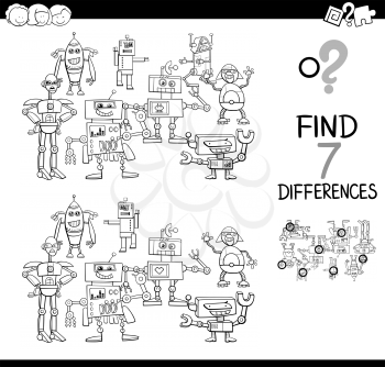 Black and White Cartoon Illustration of Finding Differences Between Pictures Educational Activity Game for Kids with Robot Characters Group Coloring Book