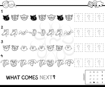 Black and White Cartoon Illustration of Finishing the Pattern Educational Activity Game for Preschool Children with Cat and Dog Characters Coloring Book