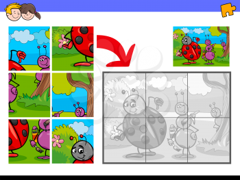 Cartoon Illustration of Educational Jigsaw Puzzle Activity Game for Children with Ladybug and Ants Insect Characters