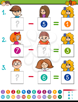 Cartoon Illustration of Educational Mathematical Subtraction Puzzle Game for Preschool and Elementary Age Children with Boys and Girls Characters