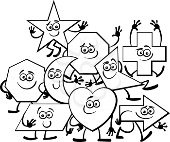 Black and White Cartoon Illustration of Basic Geometric Shapes Comic Characters Coloring Book