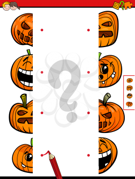 Cartoon Illustration of Educational Game of Matching Halves of Halloween Pumpkin Characters