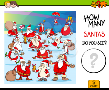 Cartoon Illustration of Educational Counting Game for Children with Santa Claus Christmas Characters