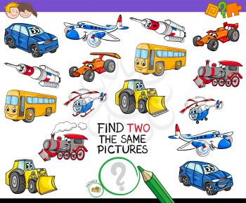 Cartoon Illustration of Finding Two Identical Pictures Educational Game for Children with Transport Vehicle Characters