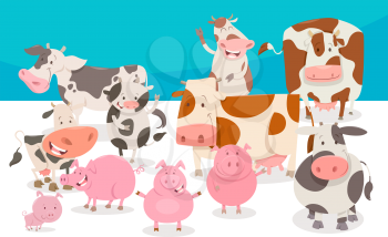 Cartoon Illustration of Cute Cows and Pigs Farm Animal Characters Group