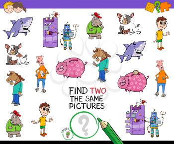 Cartoon Illustration of Finding Two Identical Pictures Educational Activity Game for Children with Funny Characters