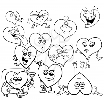 Black and White Cartoon Illustration of Valentines Day Hearts Characters Group Coloring Book