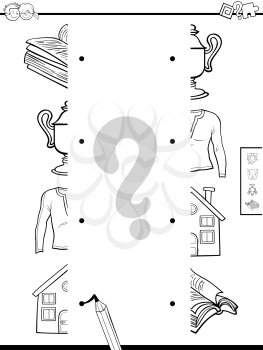 Black and White Cartoon Illustration of Educational Game of Matching Halves with Objects Coloring Page