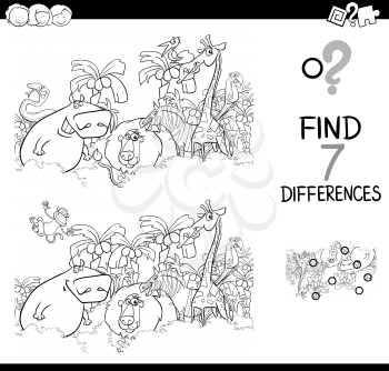 Black and White Cartoon Illustration of Find the Differences Between Pictures Educational Activity Game for Children with Safari Animal Characters Group Coloring Book